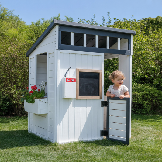 Outdoor Wooden Playhouse for Kids – Modern White Playhouse with Chalkboard, Mailbox & Flower Box