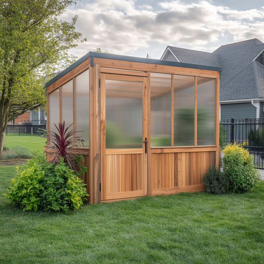 Cedar Wood Greenhouse – Flat Roof Outdoor Garden Greenhouse with Polycarbonate Panels