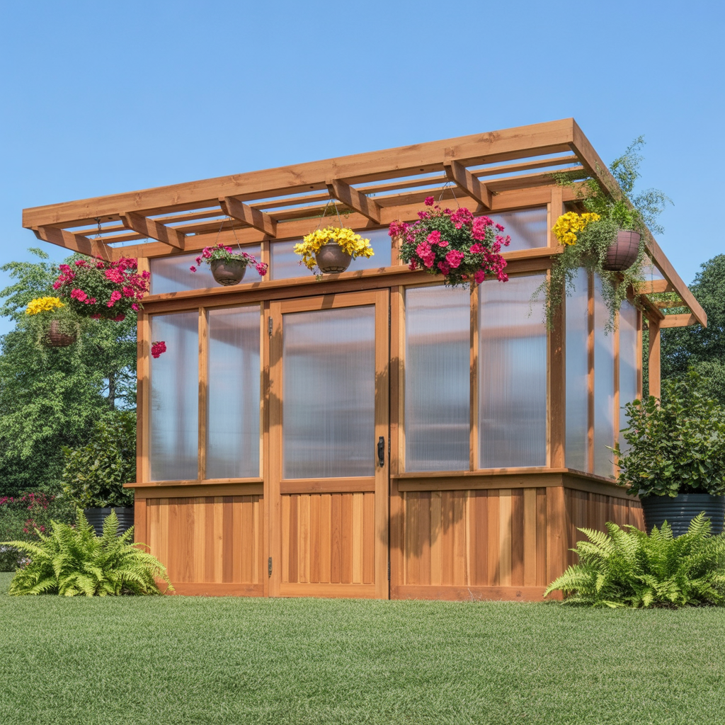 Wooden Greenhouse with Polycarbonate Panels – Outdoor Garden Shed with Pergola Roof & Hanging Flower Planters