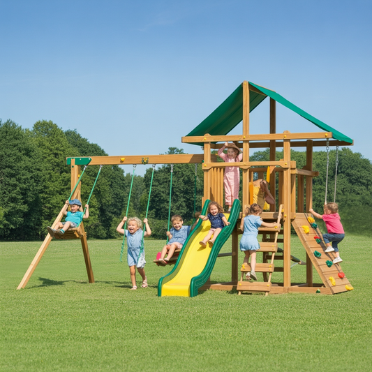 Wooden Swing Set with Slide, Rock Wall & Canopy Roof – Backyard Playset for Kids