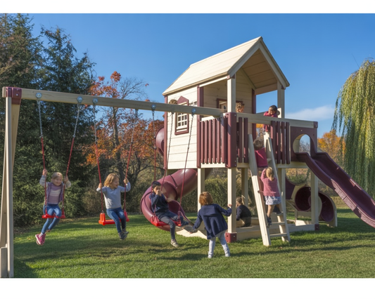 Orion’s Hideout Vinyl Swingset – Playhouse with Spiral Slide, Swings & Outdoor Playground