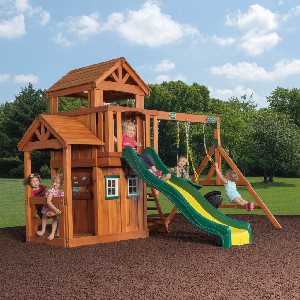 Timberland Retreat Wooden Swing Set – Backyard Playhouse with Slide, Swings & Clubhouse