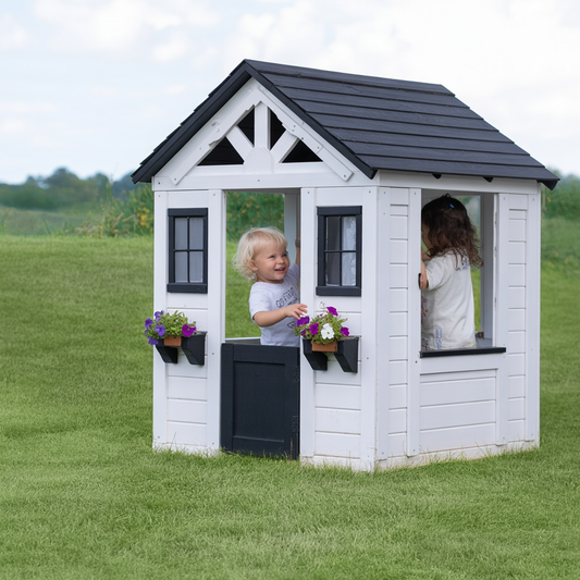 Wooden Kids Playhouse – White Outdoor Cottage with Flower Boxes & Black Roof