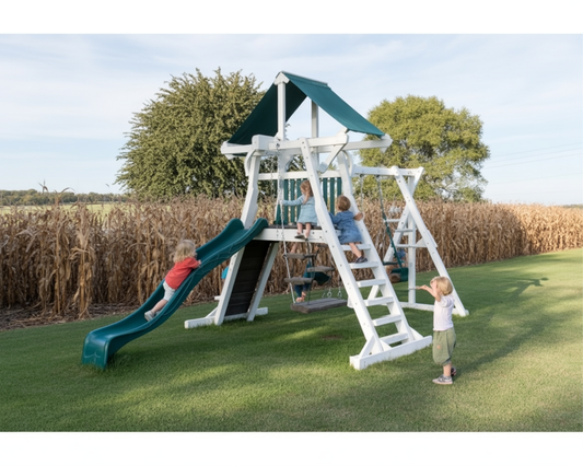 Outdoor Swing Set with Slide – Kids Playground Climbing Deck, Double Swings & Playhouse