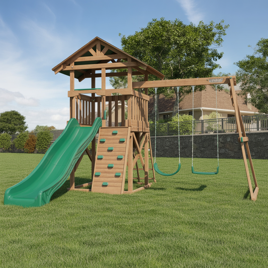 Cedar Ridge Wooden Swing Set – Outdoor Playset with Slide, Swings & Climbing Wall
