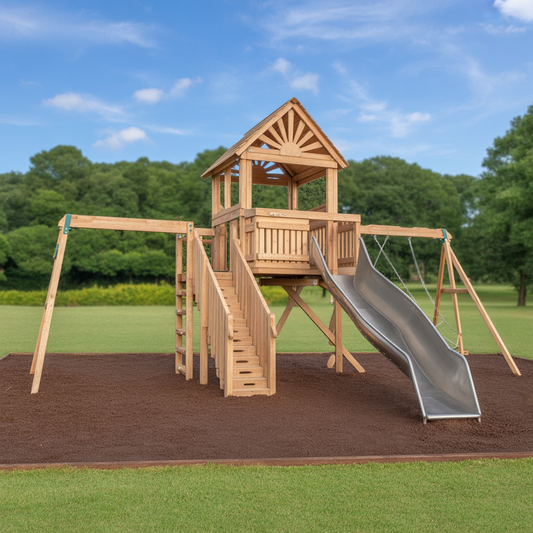 Wooden Swing Set with Metal Slide – Outdoor Kids Playhouse Fort with Swings & Climbing Stairs