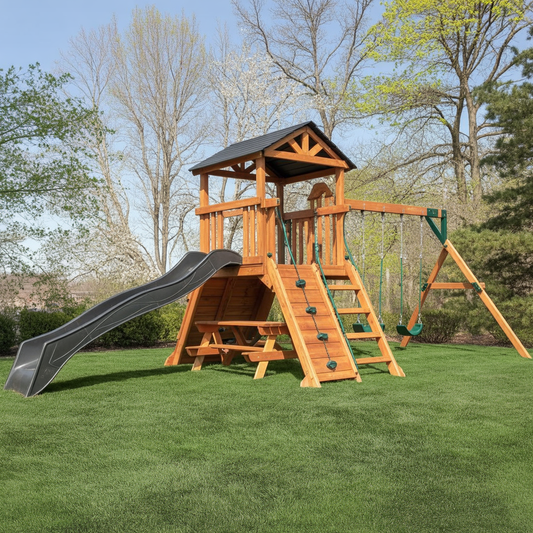 Woodland View Wooden Swing Set – Backyard Playset with Slide, Swings, Rock Wall & Picnic Table