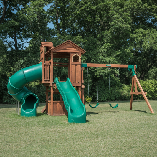 Wooden Swing Set with Tube Slide, Wave Slide & Swings – Outdoor Kids Playhouse for Backyard