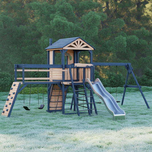 Rustic Wooden Swing Set – Outdoor Playhouse with Slide, Swings & Climbing Wall