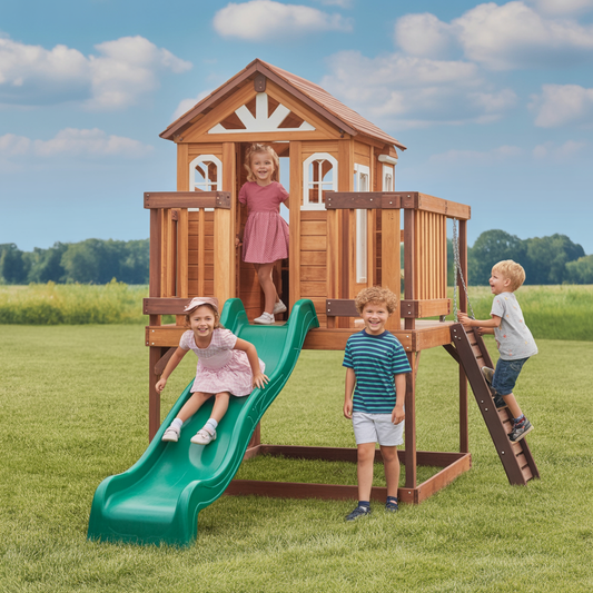 Wooden Outdoor Playhouse with Slide – Elevated Kids’ Playhouse with Balcony, Windows & Ladder
