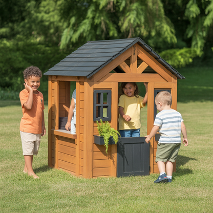 Wooden Kids Playhouse – Natural Outdoor Cottage with Black Roof & Door