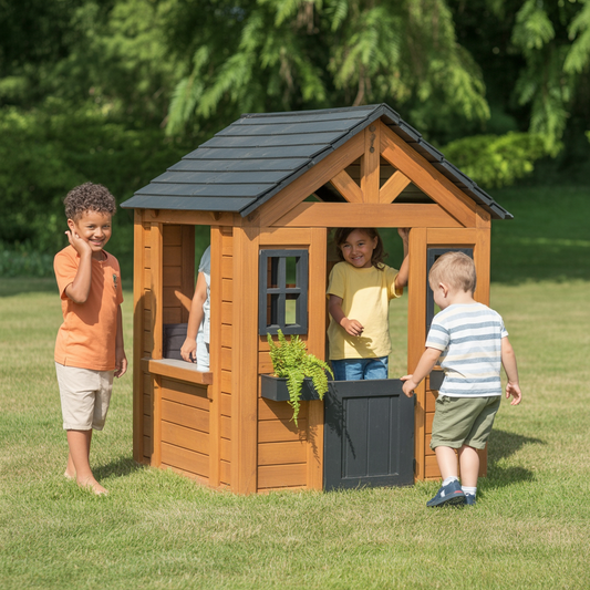 Wooden Kids Playhouse – Natural Outdoor Cottage with Black Roof & Door