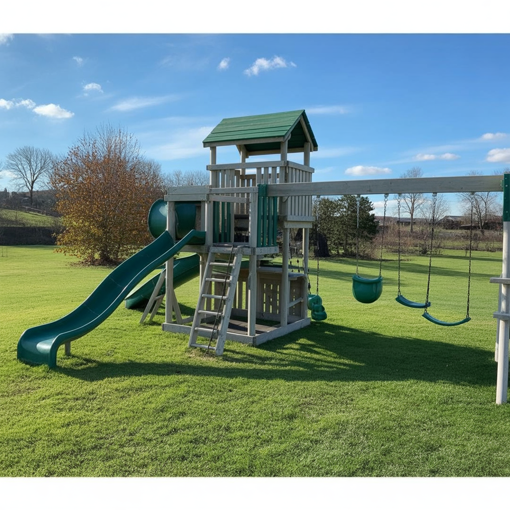Orbit Nebula Vinyl Swing Set – Double Tower Playground with Slide, Swings, and Climbing Features