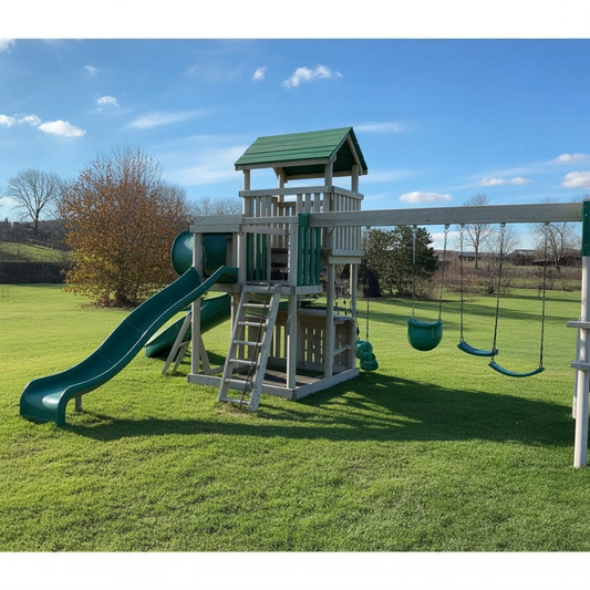 Orbit Nebula Vinyl Swing Set – Double Tower Playground with Slide, Swings, and Climbing Features