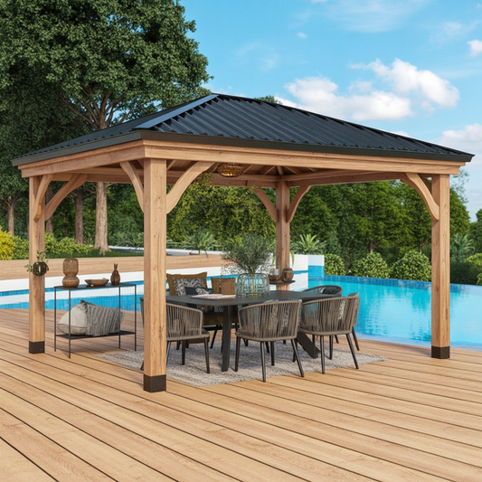 Modern Wooden Outdoor Gazebo with Black Metal Roof