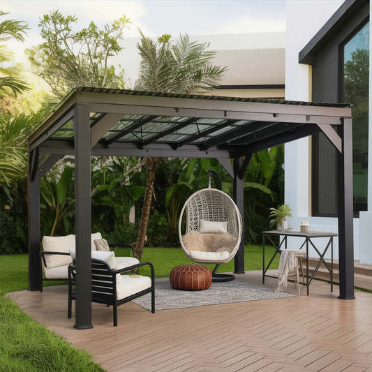 Modern Black Metal Gazebo with Flat Roof for Patio