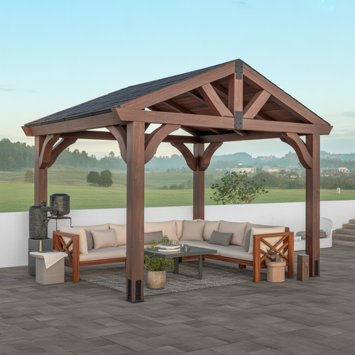 Dark Wood Pergola with Gable Roof – Stylish Outdoor Gazebo