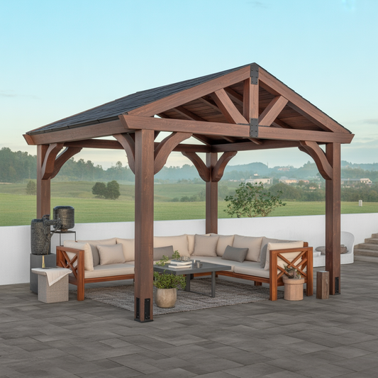Dark Wood Pergola with Gable Roof – Stylish Outdoor Gazebo