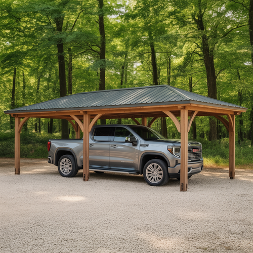 Modern Wooden Carport with Metal Roof – Durable Vehicle Shelter