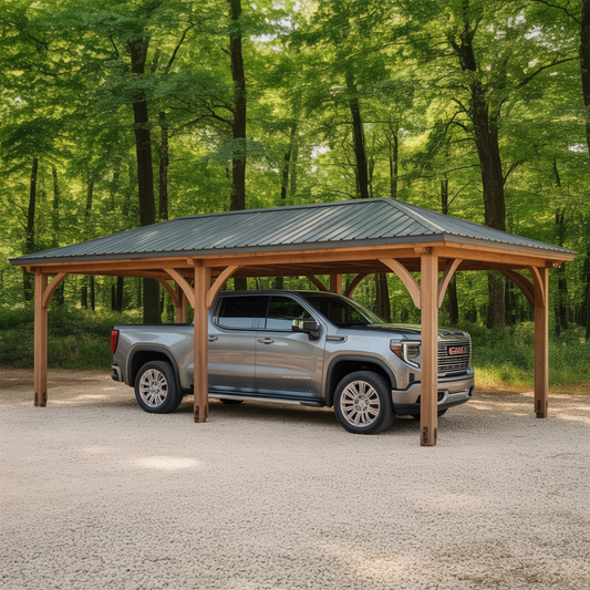 Modern Wooden Carport with Metal Roof – Durable Vehicle Shelter