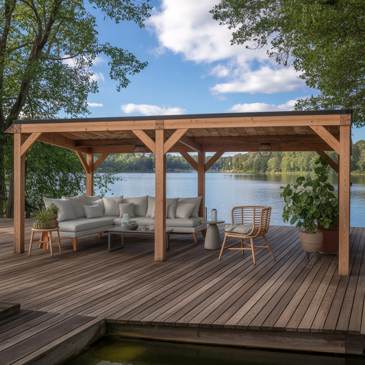 Modern Wooden Pergola with Flat Roof – Lakeside Outdoor Retreat