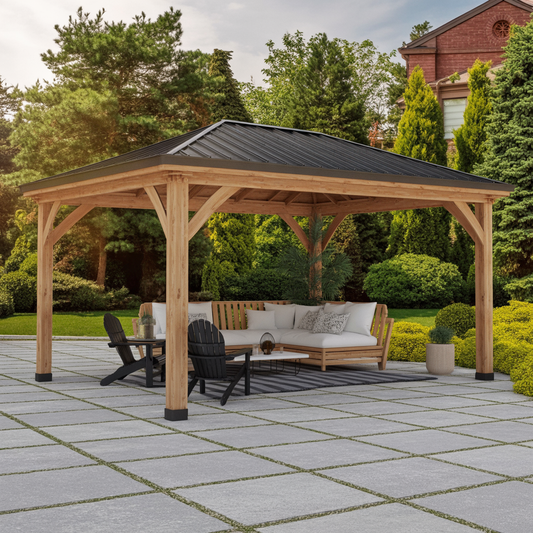Modern Wooden Gazebo with Black Roof for Outdoor Living