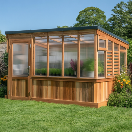 Modern Cedar Wood Greenhouse – Lean-to Garden Greenhouse with Polycarbonate Panels