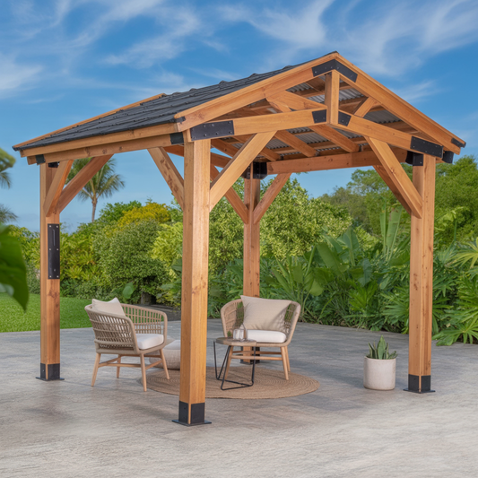 Modern Wooden Pergola with Sloped Roof Design