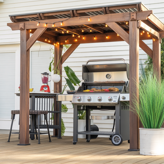 Stainless Steel Gas Grill with Wooden Pergola Shelter