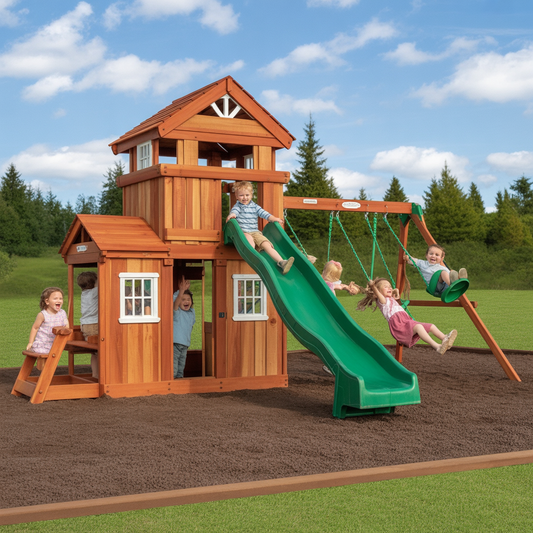 Cedar Playhouse Swing Set – Outdoor Kids Playset with Double Slide, Swings & Clubhouse