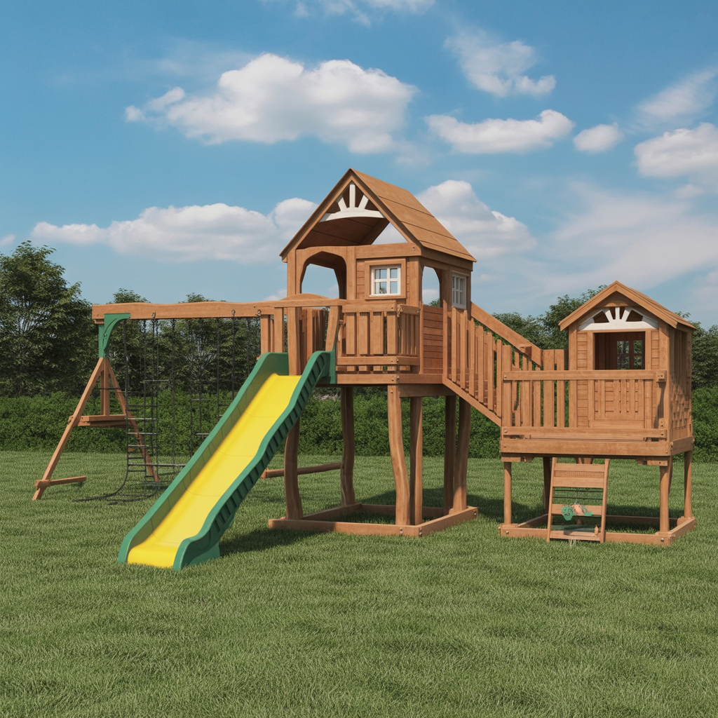 Woodland Escape Wooden Swing Set – Double Clubhouse with Slide, Swings & Climbing Wall