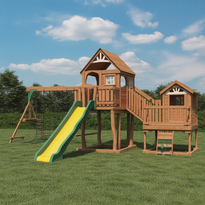 Woodland Escape Wooden Swing Set – Double Clubhouse with Slide, Swings & Climbing Wall