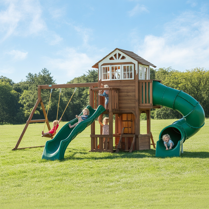 Wooden Backyard Swing Set with Tube Slide, Wave Slide & Two-Story Playhouse