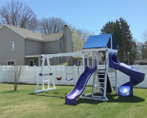 Galaxy Vinyl Swing Set – Backyard Playground with Double Slides, Swings, and Play Tower