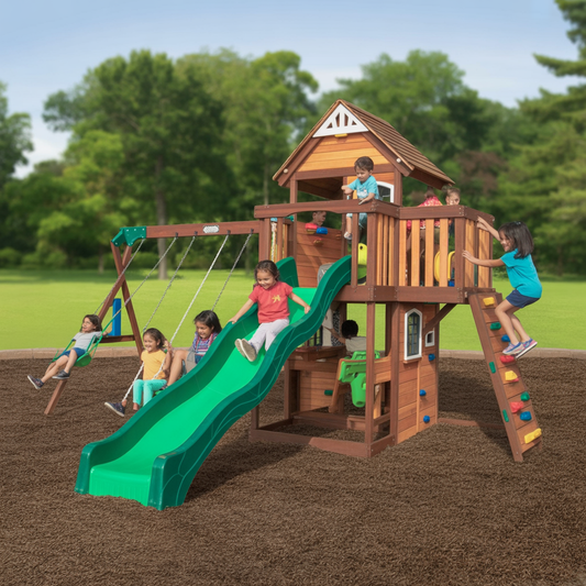 Timber Cove Wooden Playset – Kids Outdoor Swing Set with Double Slide, Swings & Rock Climbing Wall