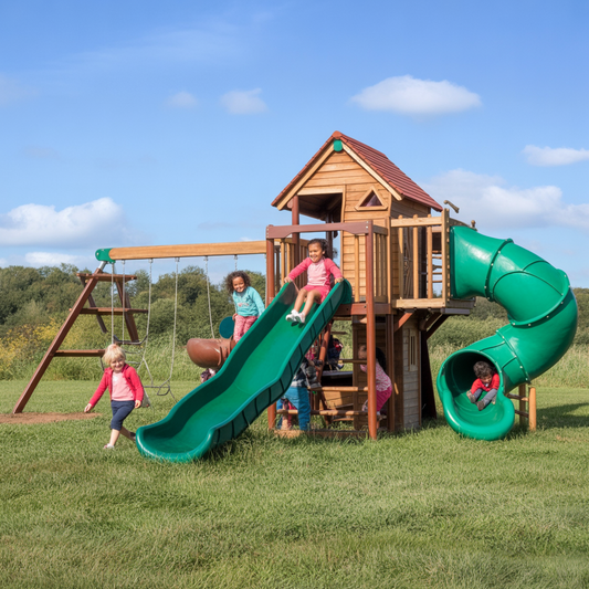 Deluxe Wooden Swing Set with Double Slides, Tube Slide & Backyard Playhouse