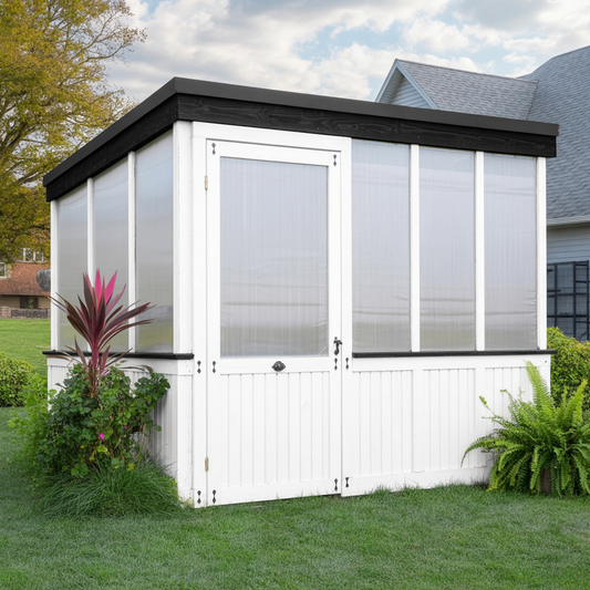 White Wooden Greenhouse – Flat Roof Outdoor Garden Greenhouse with Polycarbonate Panels