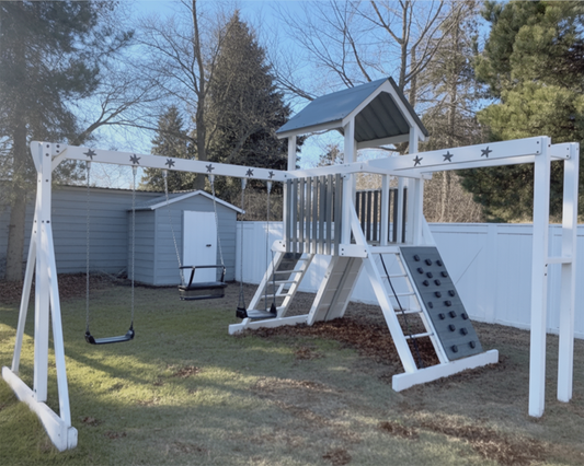 Comet Vinyl Swing Set – White & Gray Backyard Playground with Swings, Rock Wall, and Play Tower