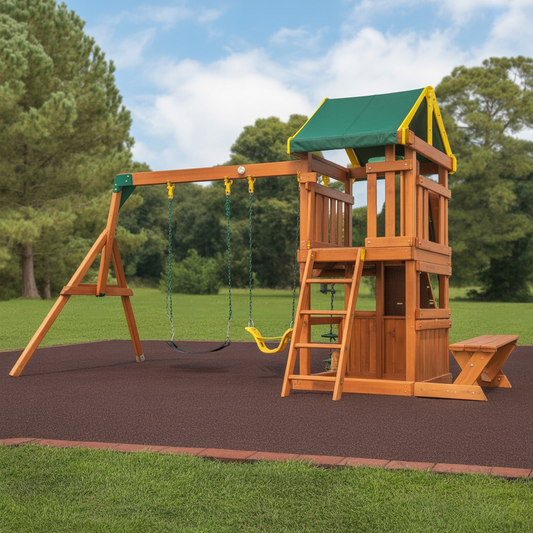 Backyard Discovery Wooden Swing Set – Kids Playset with Swings, Slide & Picnic Table