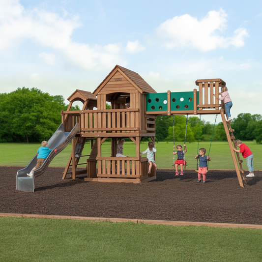 Cedar Fort Swing Set – Outdoor Wooden Playset with Bridge, Slide & Swings