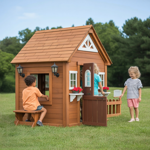 Wooden Kids Playhouse – Cottage Style Outdoor Playhouse with Bench, Door & Windows