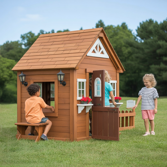 Wooden Kids Playhouse – Cottage Style Outdoor Playhouse with Bench, Door & Windows