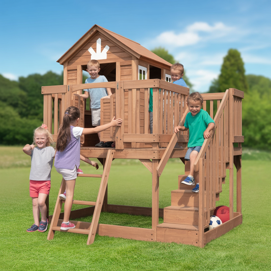Large Wooden Kids Playhouse – Elevated Outdoor Playhouse with Stairs, Deck & Climbing Ladder