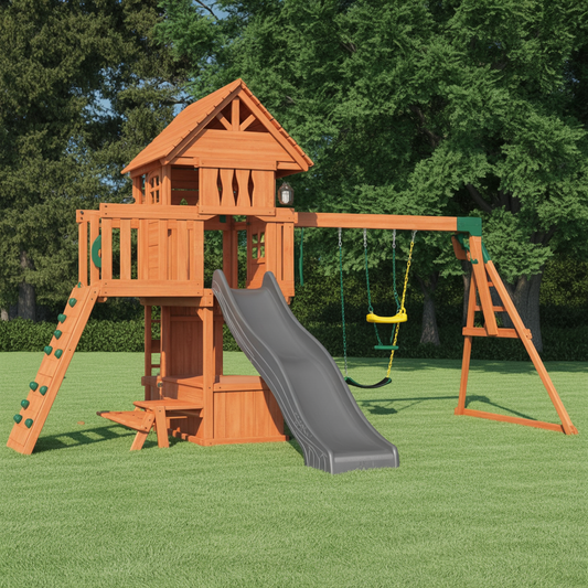 Wooden Swing Set with Gray Slide, Rock Wall & Picnic Table – Outdoor Backyard Playset