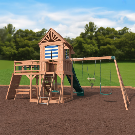 Seaside Lookout Wooden Swing Set – Backyard Playset with Slide, Swings & Fort