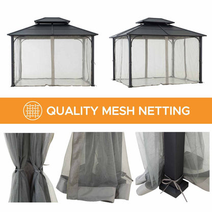 Mazonvintage 10x12 Metal Hardtop Gazebo with Netting and Ceiling Hook -Black