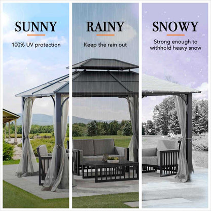 Mazonvintage 10x12 Metal Hardtop Gazebo with Netting and Ceiling Hook -Black