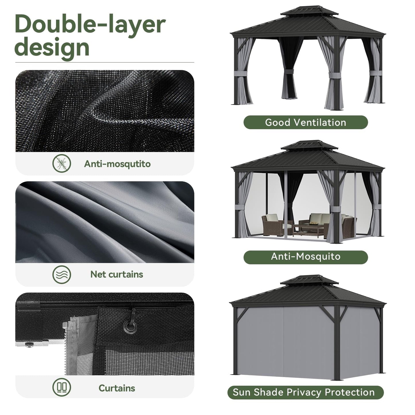 Mazonvintage 10' x 12' Hardtop Gazebo, Galvanized Steel Double Top, Permanent Aluminum Gazebo, Outdoor Metal Gazebo with Privacy Curtains and Mosquito Netting, for Parties, Gardens, Decks, Patios, Lawns