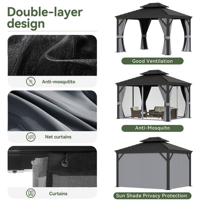 Mazonvintage 10' x 12' Hardtop Gazebo, Galvanized Steel Double Top, Permanent Aluminum Gazebo, Outdoor Metal Gazebo with Privacy Curtains and Mosquito Netting, for Parties, Gardens, Decks, Patios, Lawns