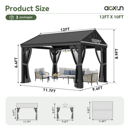 Mazonvintage 10' X 12' Hardtop Gazebo, Aluminum Outdoor Gazebo with Galvanized Steel Gable Roof Canopy, Patio Permanent Metal Gazebo Pavilion with Netting, for Garden, Backyard, Deck